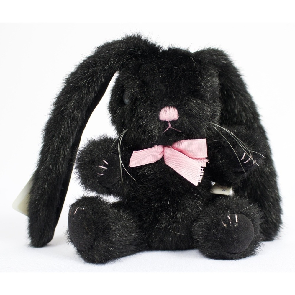Vintage 1991 Mary Meyer Jointed Black Bunny Rabbit Blue Eyes Pink Bow w Tags 7"
